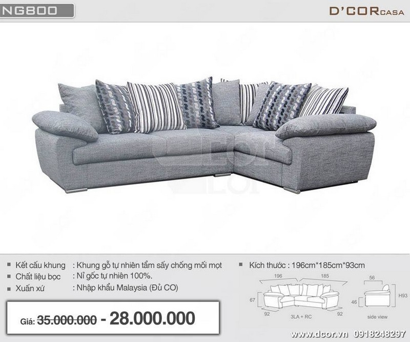 Mẫu sofa góc cho phòng khách nhỏ hẹp chất liệu nỉ nhập khẩu Malaysia màu xám nhã nhặn