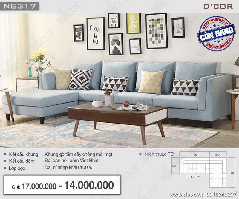 Mẫu sofa góc cho phòng khách nhỏ hẹp chất liệu nỉ màu xanh pastel mang lại vẻ trẻ trung, hiện đại