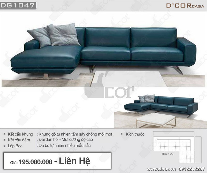 Mẫu sofa góc cho phòng khách nhỏ hẹp làm bằng da tự nhiên với màu xanh độc đáo