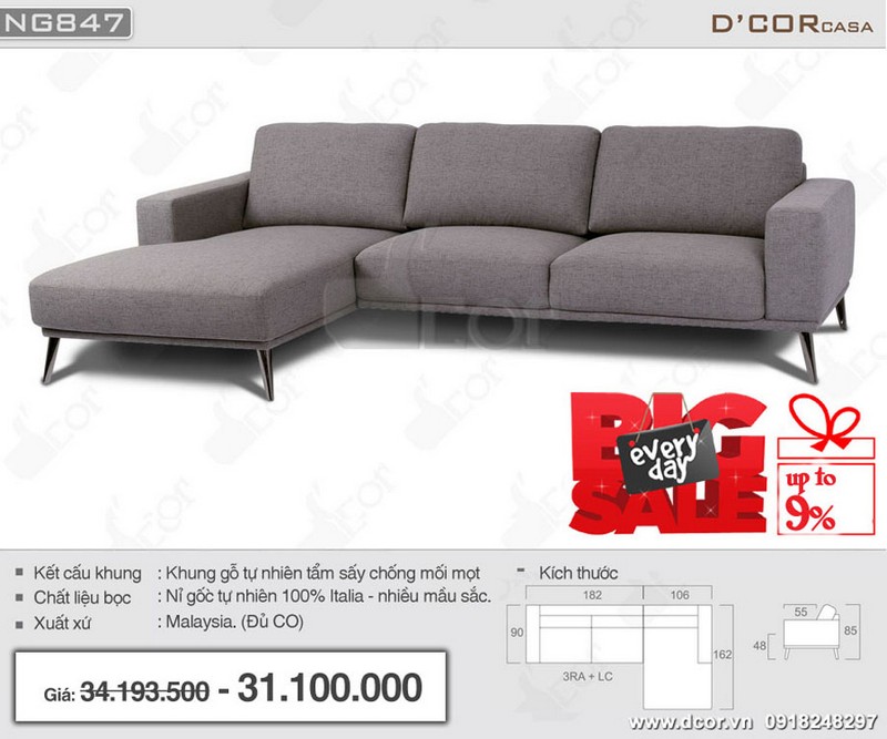 Mẫu sofa góc cho phòng khách nhỏ hẹp nhập khẩu Malaysia chất liệu nỉ sang trọng