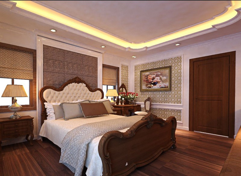 Mẫu trần thạch cao phòng ngủ nhà biệt thự dạng giật cấp phong cách tân cổ điển