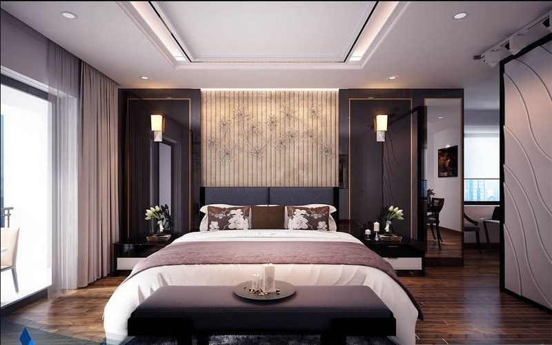 Mẫu trần thạch cao phòng ngủ nhà biệt thự dạng giật cấp phong cách hiện đại