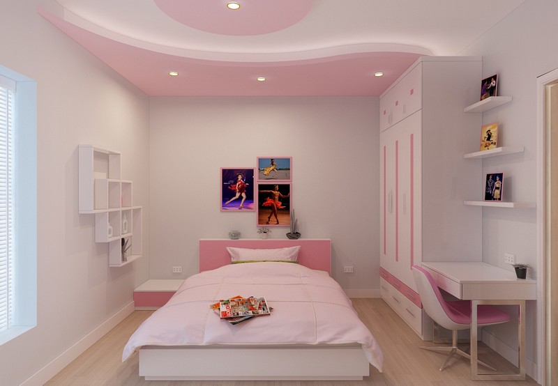 Mẫu trần thạch cao phòng ngủ trẻ em nhà biệt thự màu hồng hình dáng uốn lượn