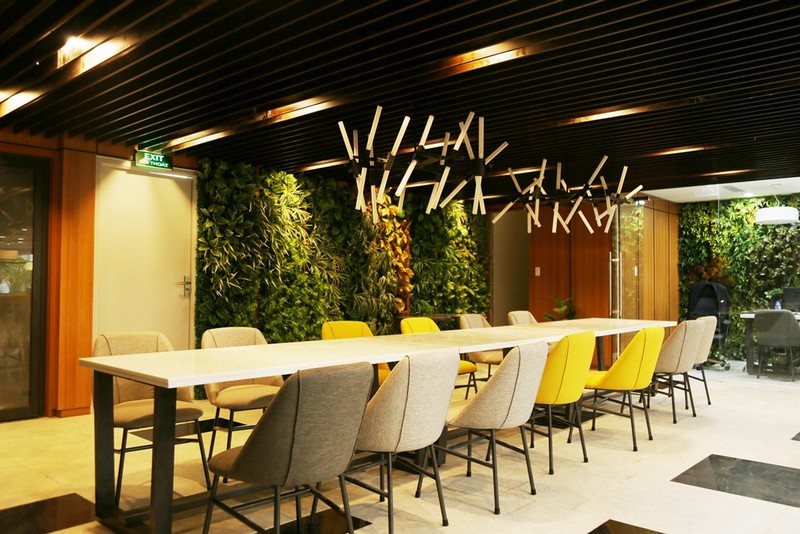 Mẫu thiết kế nội thất văn phòng với mảng tường xanh trong phòng họp