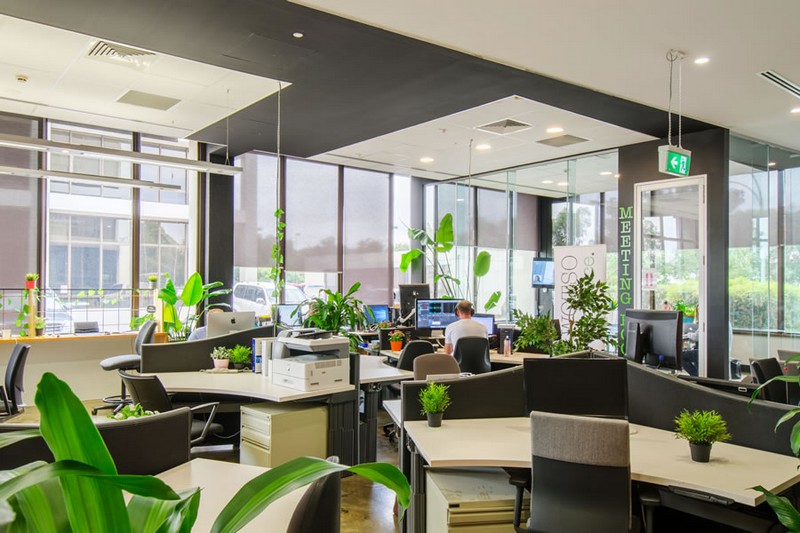 Mẫu thiết kế nội thất văn phòng với các mảng màu xanh thú vị đan xen nhau rải rác